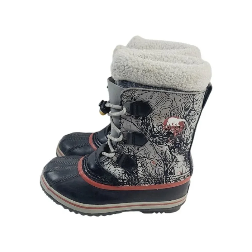 Sorel Girl's Gray Black Neon Yoot Pac Nylon Fur Ankle Winter Snow Boots‎ Size 3